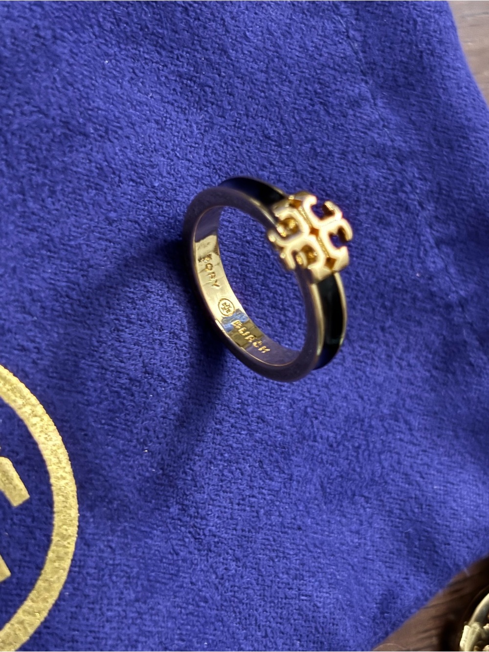 Tory Burch gold plated Black Enamel Ring with Gold Logo size 8